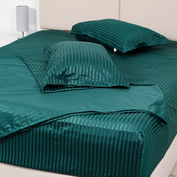 Fitted bed sheet set, Satin, Stripe - Green