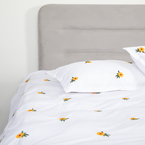 Egyptian Percale Cotton, Sunflower Embroidered Duvet Cover Set