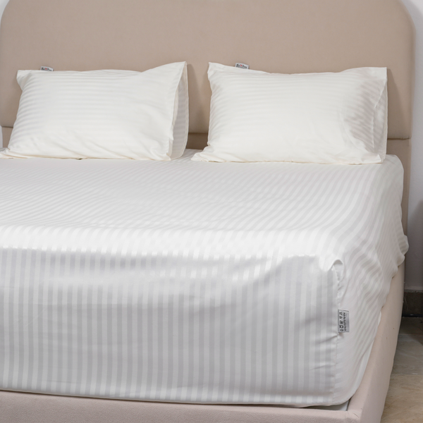 Fitted bed sheet set, Satin, Stripe - Off White