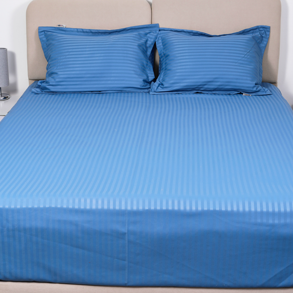 Fitted bed sheet set, Satin, Stripe - Blue