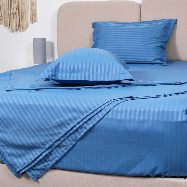 Flat  bed sheet set, Satin, Stripe - Blue