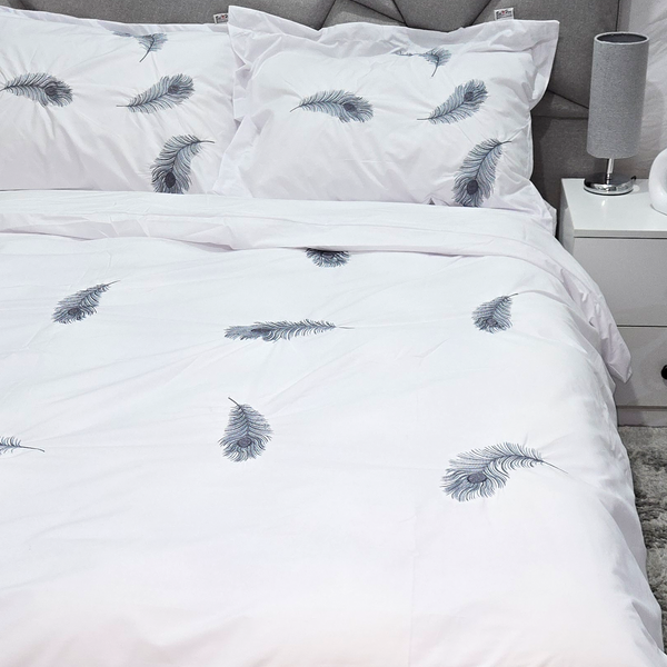 Egyptian Percale Cotton, Feathers Embroidered Duvet Cover Set