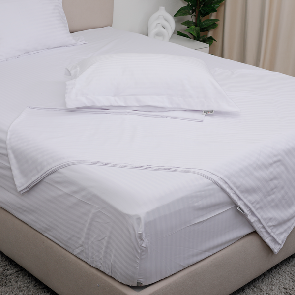 Flat  bed sheet set, Satin, Stripe - White